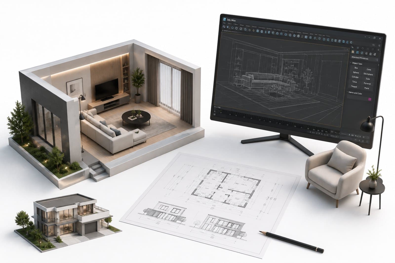 Art Deco Study o‘quv markazi talabasining 3Ds Max dasturida qilingan interyer renderi